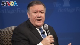 Secretary of State Mike Pompeo speaks at the Heritage Foundation, a conservative public policy think tank, in Washington. (May 21, 2018.)