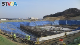 A general view of the construction site of Gangneung Ice Arena which will be a venue for the figure skating and short track competitions during the 2018 Winter Olympic Games, in the coastal cluster of PyeongChang, February 11, 2015.
