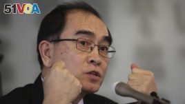 Thae Yong Ho, a former minister at the North Korean Embassy in London who came to Seoul with his family in 2016, speaks during a press conference at the Seoul Foreign Correspondent Club in Seoul, South Korea, Wednesday, Feb. 19, 2020. (AP Photo/Ahn...