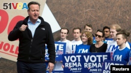 British Prime Minister David Cameron delivers a speech to supporters of the 