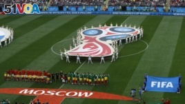 The teams of Russia and Saudi Arabia line up prior to their group A march which opens the 2018 soccer World Cup at the Luzhniki stadium in Moscow, Russia, Thursday, June 14, 2018. (AP Photo/Victor Caivano)