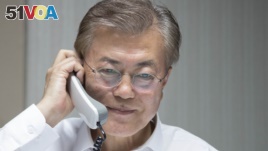 President Moon Jae-In talks over the phone with President Donald Trump.