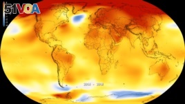 This map made available by NASA in February 2019 shows global surface temperature anomalies for 2014-2018. Higher than normal temperatures are shown in red and lower than normal temperatures are shown in blue. (Kathryn Mersmann/NASA - Scientific Visualiza