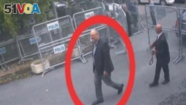 A still image taken from CCTV video and obtained by TRT World claims to show Saudi journalist Jamal Khashoggi, highlighted in a red circle by the source, as he arrives at Saudi Arabia's Consulate in Istanbul, Turkey, Oct. 2, 2018. 