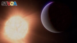 An artist's concept shows the exoplanet 55 Cancri e, also called Janssen, a rocky planet much larger than Earth but smaller than Neptune, along with the star it orbits in this undated illustration released by NASA. (NASA, ESA, CSA, Ralf Crawford (STScI)/Handout via REUTERS)