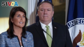 U.S. Ambassador to the United Nations Nikki Haley with U.S. Secretary of State Mike Pompeo, announcing the U.S.'s withdrawal from the U.N's Human Rights Council. (June 19, 2018. )