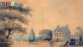 The Adams' family home, Peace field, in Braintree, Massachusetts. 1798 Painting by E. Malcom.