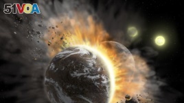 This undated NASA image obtained January 28, 2020 shows an artist's concept illustration of a catastrophic collision between two rocky exoplanets in the planetary system BD +20 307, turning both into dusty debris. - (Photo by Lynette Cook / NASA / AFP) 