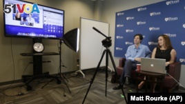 University of Pennsylvania professor Peter Struck and his teaching assistant Cat Gillespie teach a class during a live recording of a massive, open, online class.