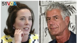 This combination of 2004 and 2016 file photos shows fashion designer Kate Spade and chef Anthony Bourdain in New York. 