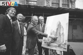 From left, Donald Trump, Mayor Ed Koch and Gov. Hugh Carey at the site of the New York Hyatt Hotel/Convention, June 28, 1978.