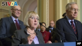 Sen. Patty Murray, D-Wash., center, joined by Senate Minority Leader Harry Reid, D-Nev., right, and Sen. Chuck Schumer, D-N.Y., speaks to reporters after the Senate voted to end debate on the makeover of the No Child Left Behind Act, setting up a final vote Wednesday, on Capitol Hill in Washington, Tuesday, Dec. 8, 2015. (AP Photo/J. Scott Applewhite)