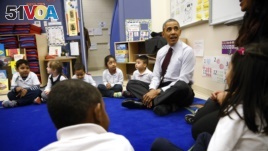 United States President Barack Obama sits with 3- and 4-year-old students in a pre-kindergarten class at Powell Elementary School in Washington, DC, March 2014. 