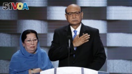 Khizr Khan, father of fallen US Army Capt. Humayun S. M. Khan and his wife Ghazala speak during the final day of the Democratic National Convention in Philadelphia, July 28, 2016.