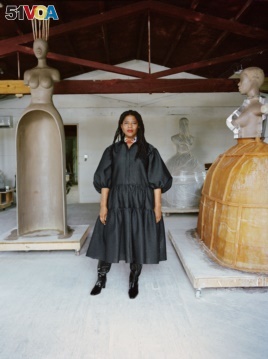 In this 2020 photo provided by Boston's Institute of Contemporary Art, artist Simone Leigh poses for a photo at Stratton Sculpture Studios. (Photo by Shaniqwa Jarvis - Courtesy of Simone Leigh and Hauser & Wirth)
