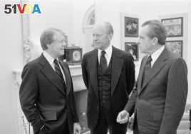 President Jimmy Carter, left, with Gerald Ford and Richard Nixon