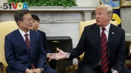 President Donald Trump meets with South Korean President Moon Jae-In in the Oval Office of the White House, May 22, 2018, in Washington. 