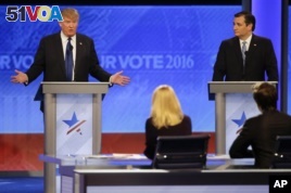Republican presidential candidate, businessman Donald Trump answers a question as Republican presidential candidate, Senator Ted Cruz of Texas listens during a Republican presidential primary debate on Feb. 6. Candidates are talking often about their religious beliefs. (AP Photo/David Goldman)