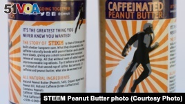 The label of new peanut butter shows an added ingredient -- caffeine. Critics complain that this is bad for children, a group that eats a lot of peanut butter. 