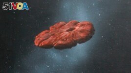 This 2018 illustration provided by William Hartmann and Michael Belton shows a depiction of the Oumuamua interstellar object as a pancake-shaped disk. A study published in March 2021 says the mystery object is likely a remnant of a Pluto-like world and shaped like a cookie. 