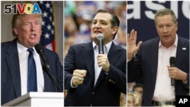 From left, Republican presidential candidates businessman Donald Trump; Texas Senator Ted Cruz, ; Ohio Governor John Kasich.