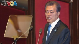 South Korean President Moon Jae-in speaks at the National Assembly on November 1, 2017. Moon said South Korea is not seeking nuclear weapons.