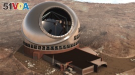 Artist's version of the Thirty Meter Telescope (TMT), to be built on the side of the slope of Mauna Kea away from most of the existing telescopes on the top of the summit. Courtesy: TMT International Observatory