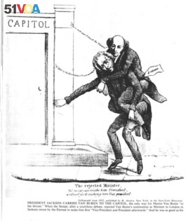 This 1832 political cartoon shows Jackson carrying Van Buren into office.