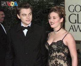 Leonardo DiCaprio and Kate Winslet arrive at the 1998 Golden Globe Awards in Beverly Hills, California