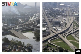 This combination of Aug. 30, 2005, and July 29, 2015, photos shows downtown New Orleans floolded by Hurricane Katrina and the same area a decade later.  (AP Photo/David J. Phillip)      
