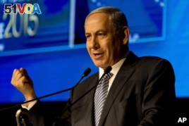Israeli Prime Minister Benjamin Netanyahu speaks at the 15th Herzeliya Conference in Herzeliya, Israel, June 9, 2015. (AP Photo/Ariel Schalit)