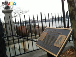 The plaque and bust of Alexander Hamilton mark the dueling grounds where Hamilton was fatally shot by Aaron Burr in 1804.