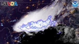 This satellite image provided by the National Oceanic and Atmospheric Administration shows a thunderstorm complex which was found to contain the longest single flash that covered a horizontal distance on record, at around 768 kilometers across parts of the southern United States.