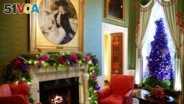 U.S. President Joe Biden and first lady Jill Biden chose a tree with purple ornaments and natural orchids to decorate the Green Room of the White House in Washington, D.C., November 29, 2021. (REUTERS/Jonathan Ernst)