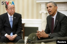 U.N. Secretary-General Ban Ki-moon (L) and U.S. President Barack Obama (R) talk to reporters after their meeting in the Oval Office at the White House in Washington, D.C., United States Aug. 4, 2015. 