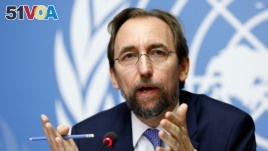 FILE - Zeid Ra'ad Al Hussein, U.N. High Commissioner for Human Rights, speaks earlier this year in Geneva, Switzerland. The officials voiced criticism of U.S. President Donald Trump's comments about some news media.
