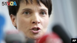 Frauke Petry, Chairwoman of the AfD, Alternative fuer Deutschland  (Alternative for Germany), party addresses the media during a press conference in Berlin, Feb. 22, 2016. 