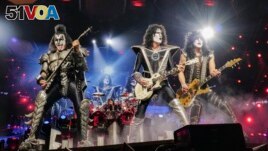 Gene Simmons, left, Tommy Thayer and Paul Stanley of KISS perform during the final night of the Kiss Farewell Tour on Saturday, Dec. 2, 2023, at Madison Square Garden in New York. (Photo by Evan Agostini/Invision/AP)