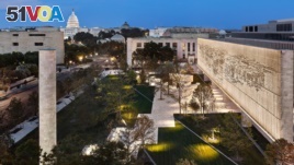 View of the Eisenhower Memorial at Night (Photograph by Alan Karchmer. Courtesy Eisenhower Memorial Commission)