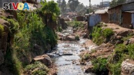 A tributary full of garbage, which feeds into the Nairobi River, flows through the informal settlement of Kibera in Nairobi, Kenya, Wednesday, Jan. 11, 2023. (AP Photo/Khalil Senosi)