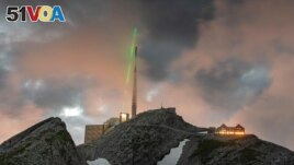 The Laser Lightning Rod is seen in action at the top of Mount Santis in Switzerland. (TRUMPF/Martin Stollberg/Handout via REUTERS)