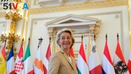 European Commission President Ursula von der Leyen arrives for a round table meeting at an EU Summit in Prague, Czech Republic, on Oct 7, 2022. (AP Photo/Petr David Josek, File)