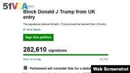 A screenshot of an online petition seeking to ban Republican presidential candidate Donald Trump from entering the United Kingdom.