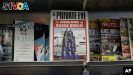 A copy of the satirical Private Eye magazine is displayed for sale with a Brexit themed cover in a store in London, Wednesday, June 8.