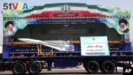 Sedjeel, an Iranian made ballistic missile, is showcased during an annual military parade in Tehran, Iran, Sept, 22, 2013.  