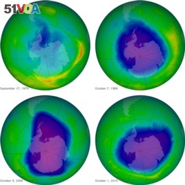 This undated image provided by NASA shows the ozone layer over the years, Sept. 17, 1979, top left, Oct. 7, 1989, top right, Oct. 9, 2006, lower left, and Oct. 1, 2010, lower right.