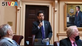 Virginia State Senator Scott Surovell, who sponsored legislation permitting police use of facial recognition, speaks during a senate session, in Richmond, Virginia, U.S., in March 2022. (JoNathan Collins/Handout via REUTERS )