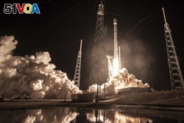 This Jan. 7, 2018 photo made available by SpaceX shows the launch of the Falcon 9 rocket at Cape Canaveral, Fla., for the 