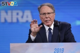 FILE - Nation Rifle Association Executive Vice President Wayne LaPierre speaks at the National Rifle Association Institute for Legislative Action Leadership Forum in Lucas Oil Stadium in Indianapolis, April 26, 2019.