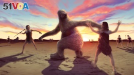 Reconstruction based on fossil footprint evidence shows how human hunters stalked giant ground sloth to distract them before trying to land a killing blow. (Photo credit: Alex McClelland, Bournemouth University)